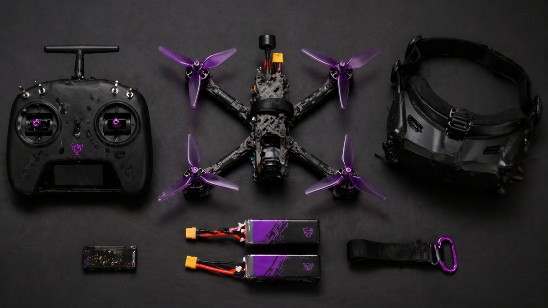 Freestyle FPV Drone Setup Flat Lay Freestyle FPV Drone Setup Flat Lay